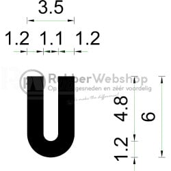Volrubber U Profiel | binnenmaat 1,1mm | hoogte 6mm | dikte 1,2mm