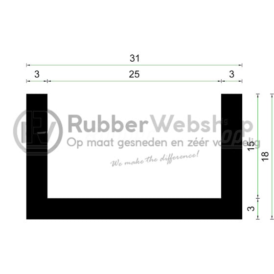 Volrubber U Profiel | 25mm inwendig | hoogte 18mm | dikte 3mm