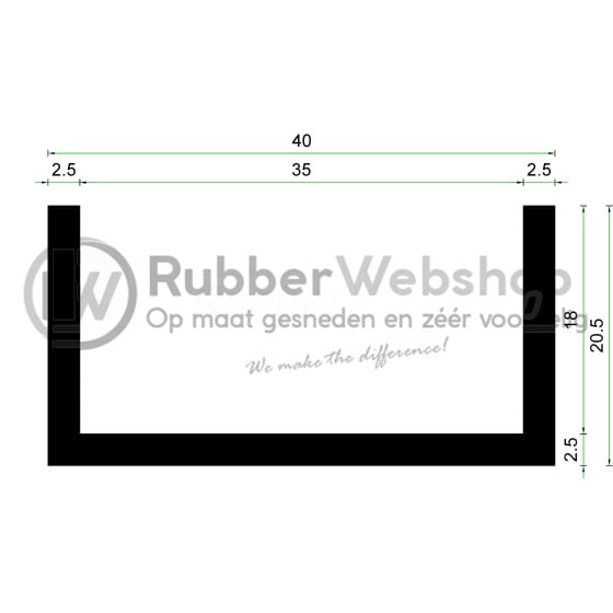 Volrubber U Profiel | binnenmaat 35mm | hoogte 20,5mm | dikte 2,5mm